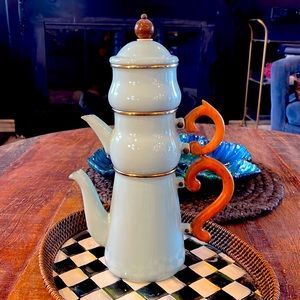 Mackenzie-Childs Camp line - Coffee,, creamer & sugar pots.  Craved teak handles